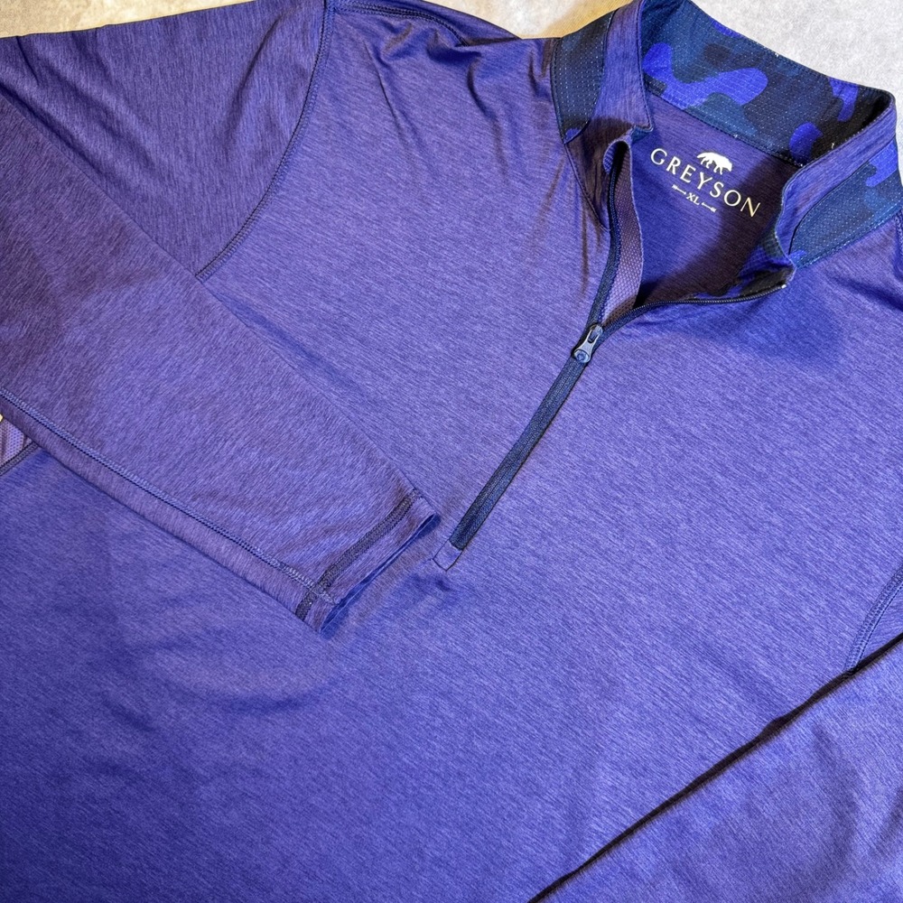 Greyson XL Purple Heather Quarter Zip Pullover Brrr Cooling Camo Wolf Logo Mens